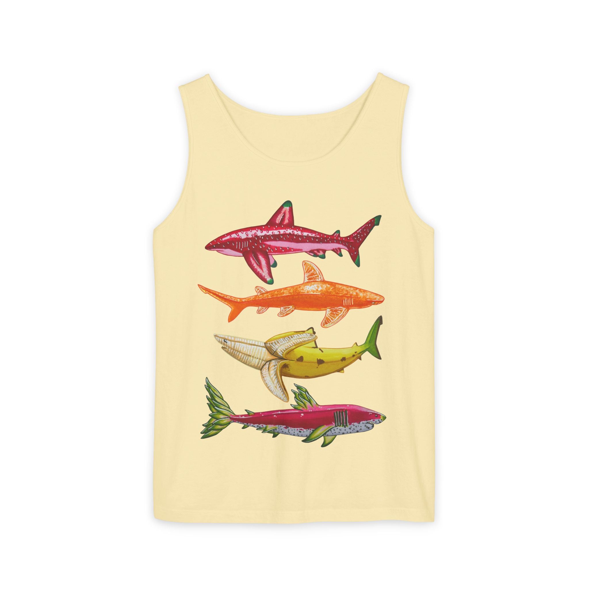Fruit Sharks Selection 1 Strawberry Orange Banana and Dragonfruit Unisex Garment-Dyed Tank Top