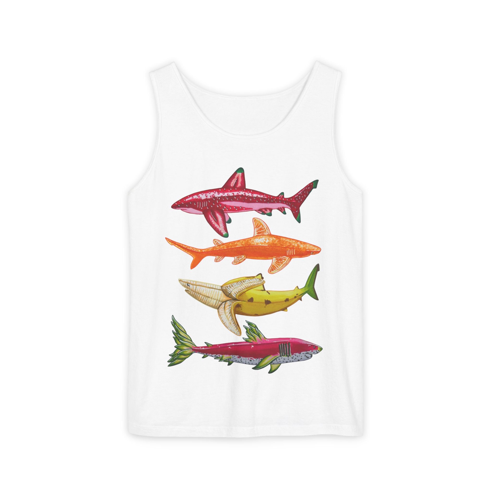 Fruit Sharks Selection 1 Strawberry Orange Banana and Dragonfruit Unisex Garment-Dyed Tank Top