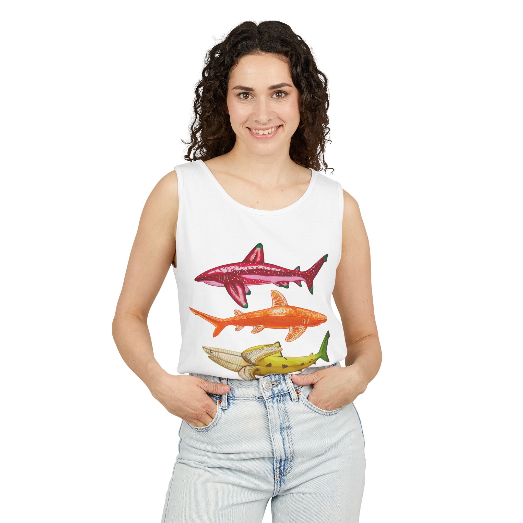 Fruit Sharks Selection 1 Strawberry Orange Banana and Dragonfruit Unisex Garment-Dyed Tank Top