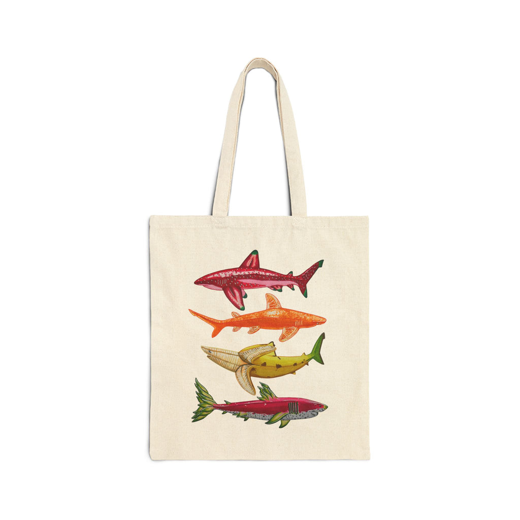 Fruit Sharks Selection 1 Strawberry Orange Banana and Dragonfruit Cotton Canvas Tote Bag
