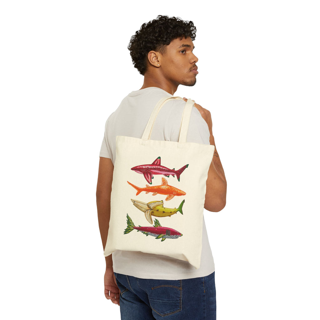 Fruit Sharks Selection 1 Strawberry Orange Banana and Dragonfruit Cotton Canvas Tote Bag