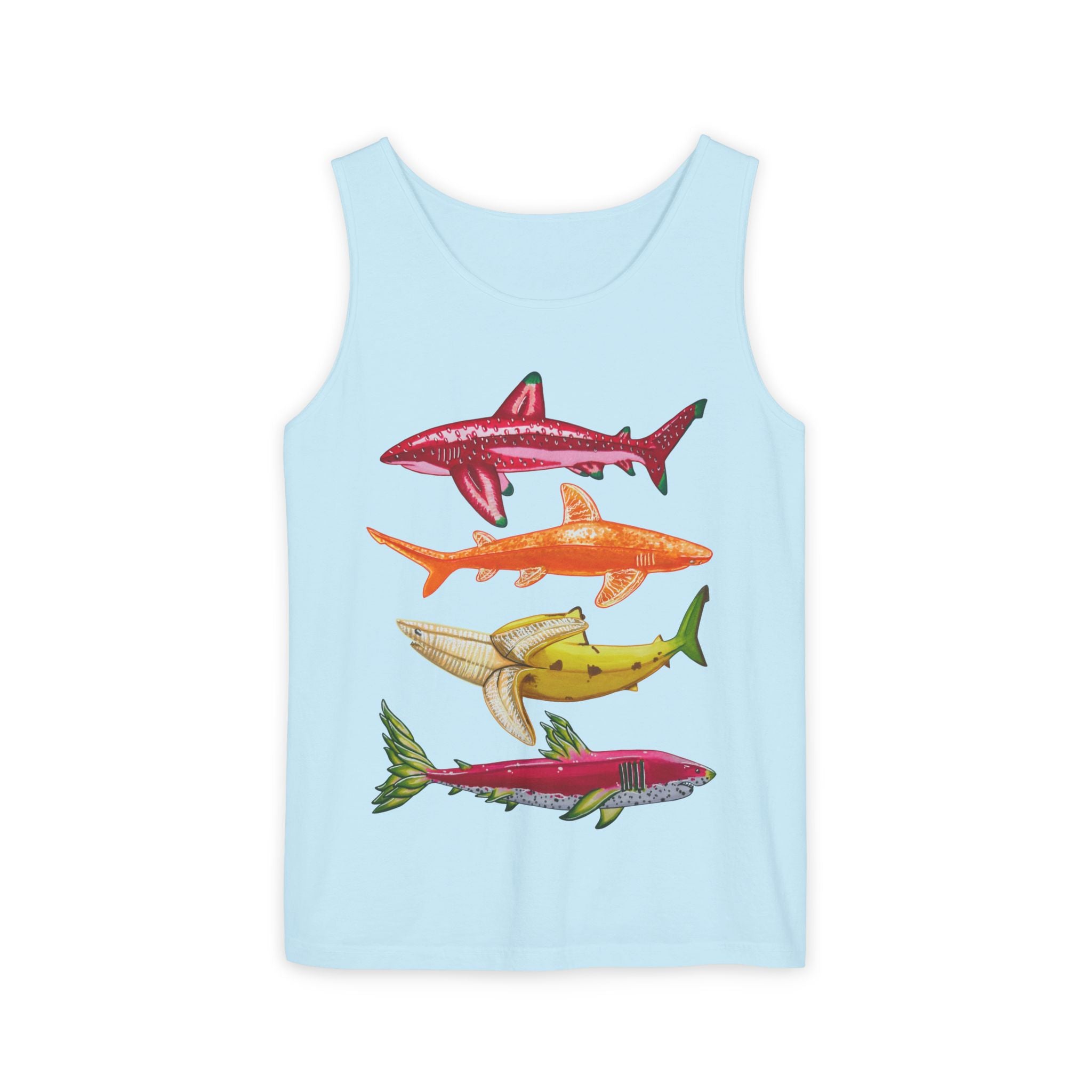 Fruit Sharks Selection 1 Strawberry Orange Banana and Dragonfruit Unisex Garment-Dyed Tank Top