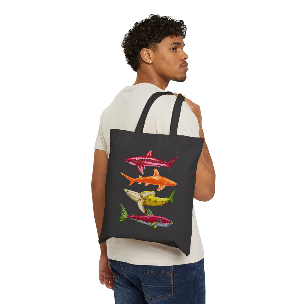 Fruit Sharks Selection 1 Strawberry Orange Banana and Dragonfruit Cotton Canvas Tote Bag