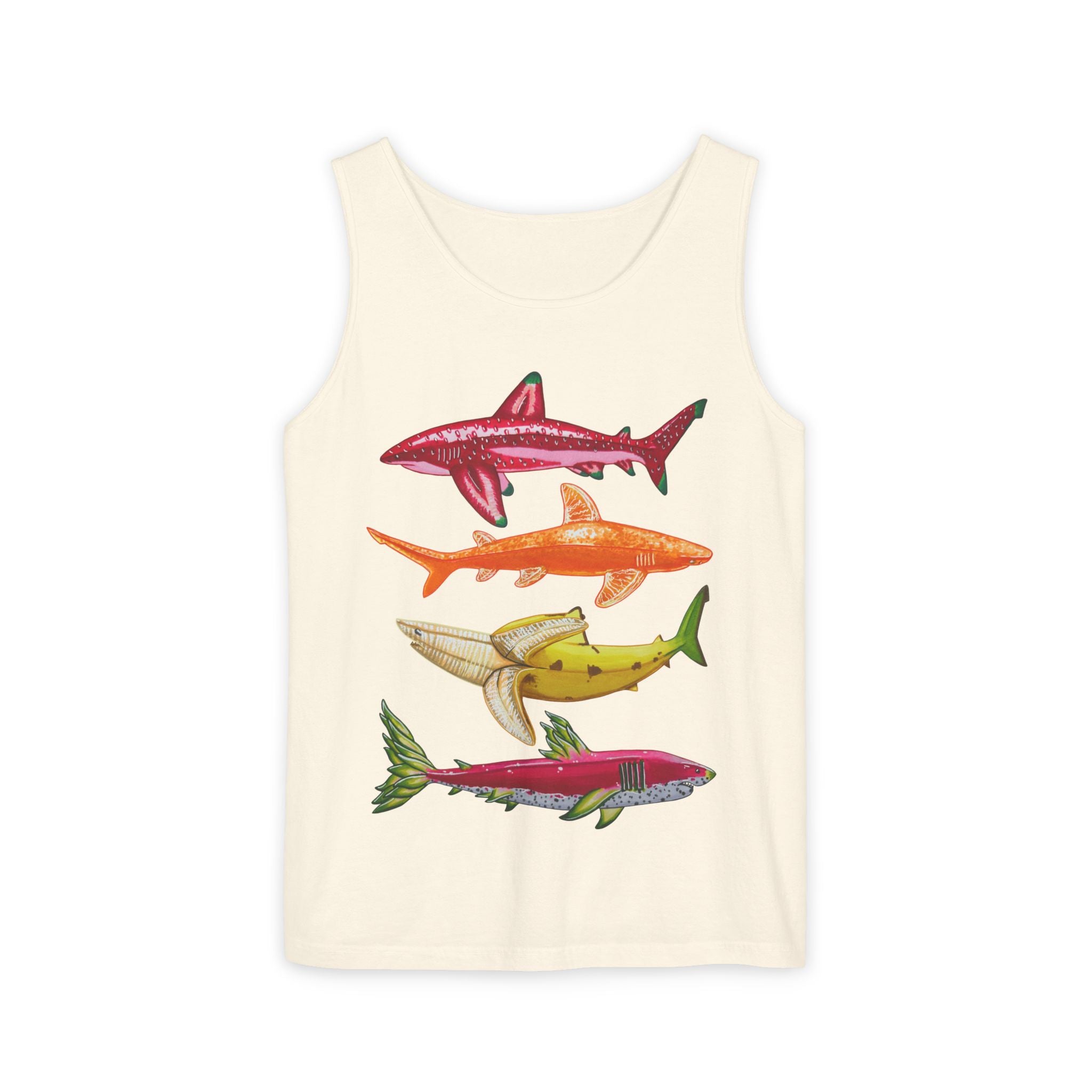 Fruit Sharks Selection 1 Strawberry Orange Banana and Dragonfruit Unisex Garment-Dyed Tank Top