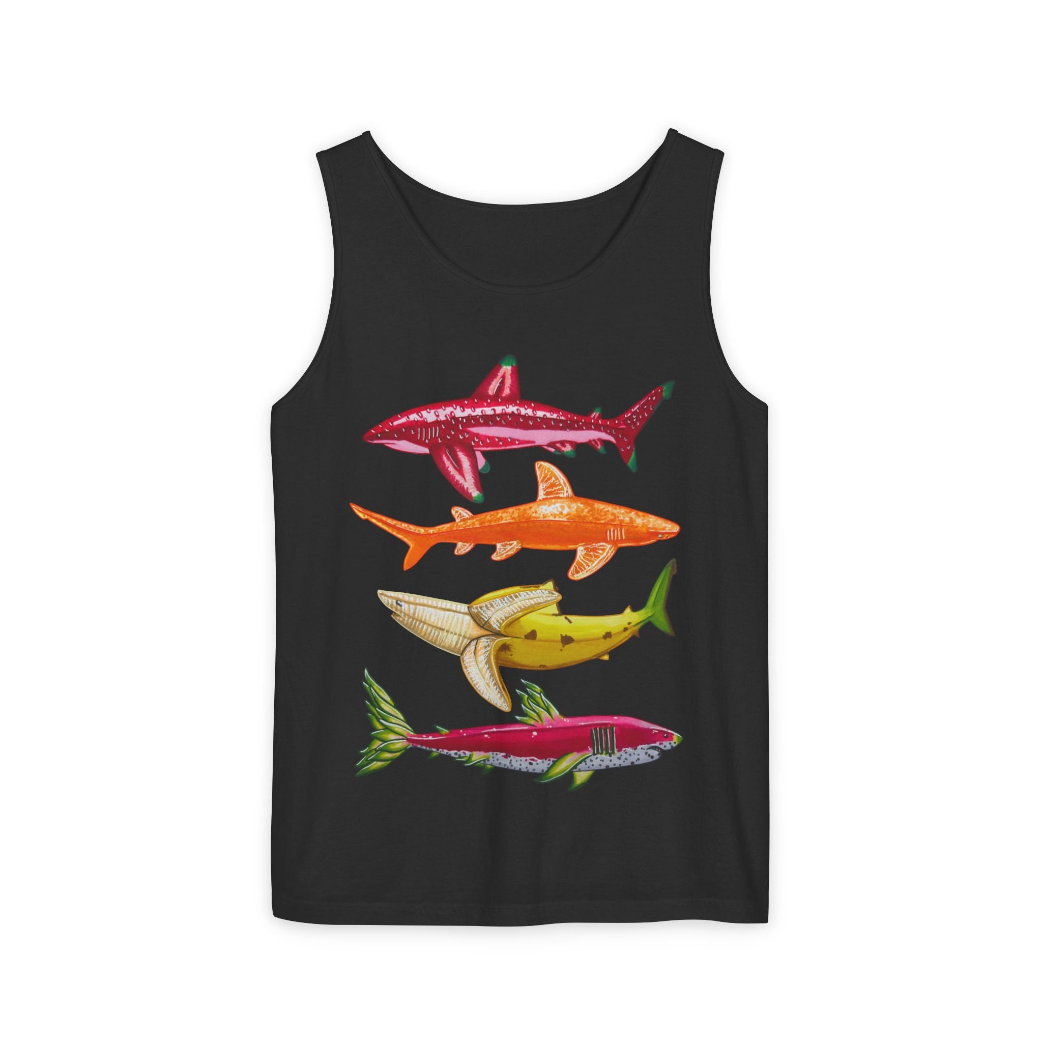 Fruit Sharks Selection 1 Strawberry Orange Banana and Dragonfruit Unisex Garment-Dyed Tank Top