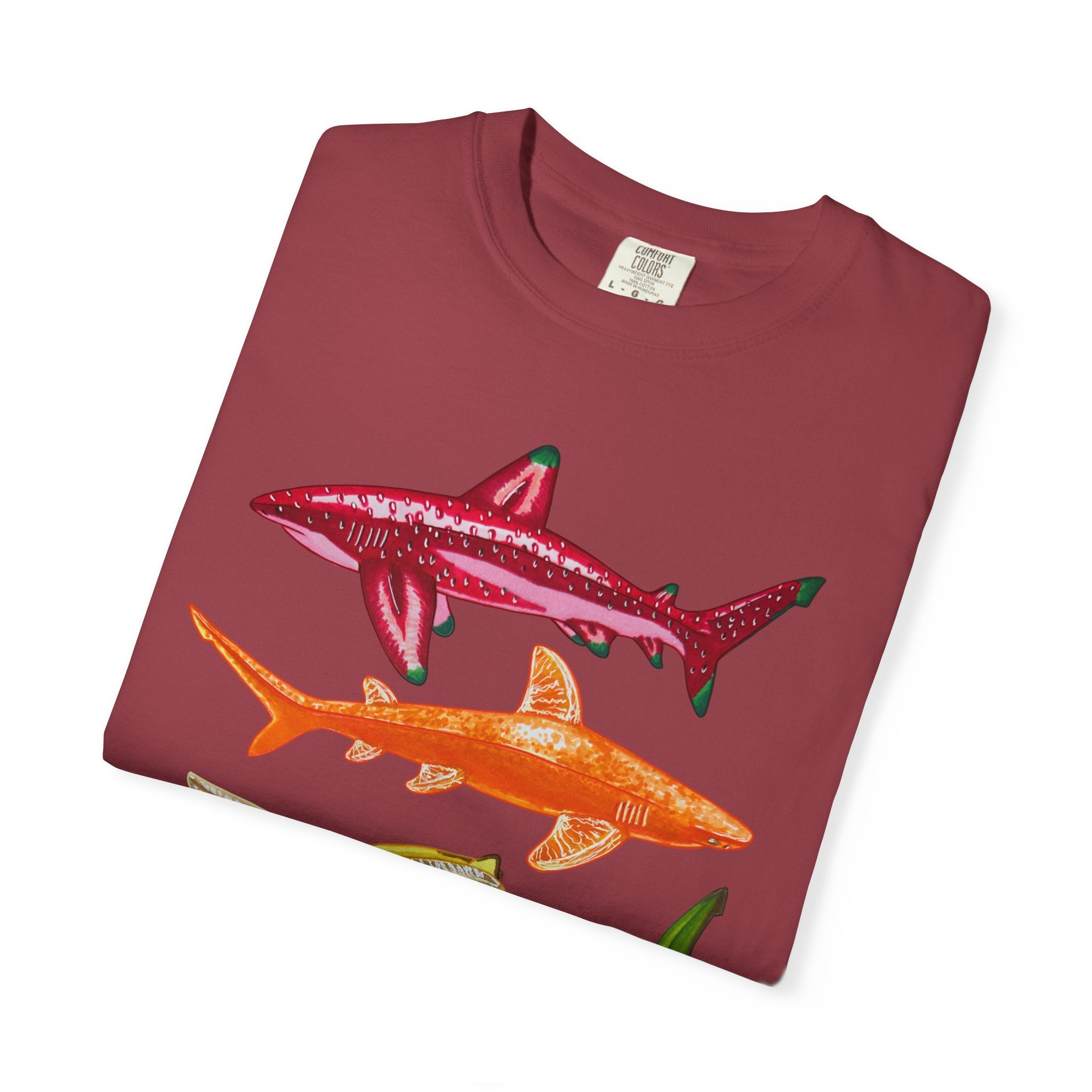 Fruit Sharks Selection 1 Strawberry Orange Banana and Dragonfruit Unisex T-Shirt.