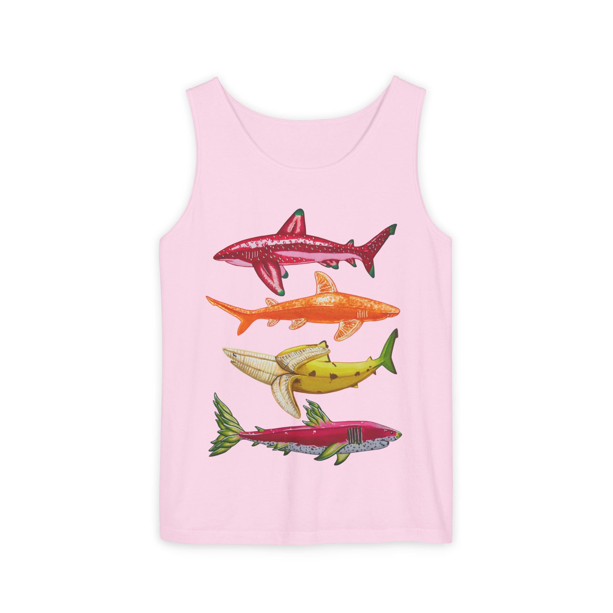 Fruit Sharks Selection 1 Strawberry Orange Banana and Dragonfruit Unisex Garment-Dyed Tank Top